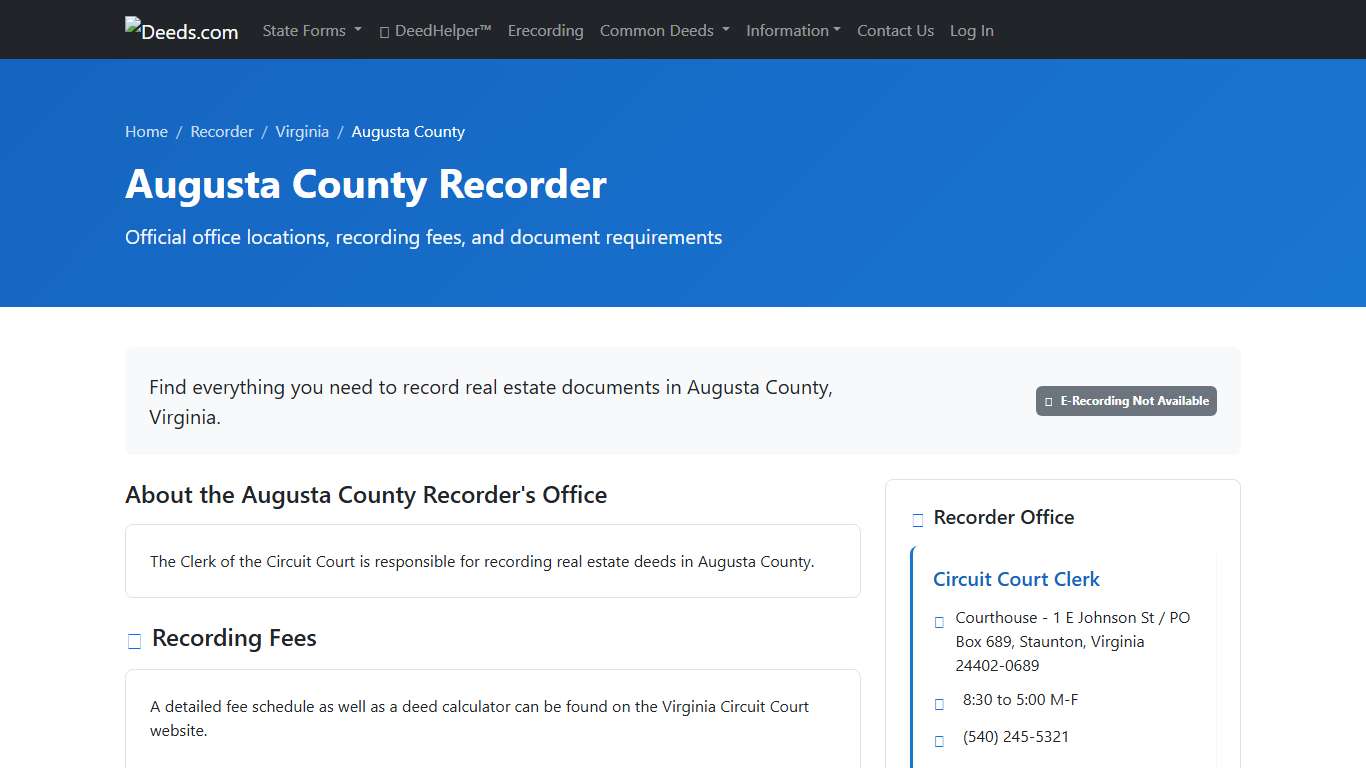 Augusta County Recorder Information, Virginia - Deeds.com